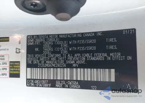 2021 Lexus Rx 350 F Sport z USA, uszkodzony, nr VIN 2T2SZMDA7MC280256